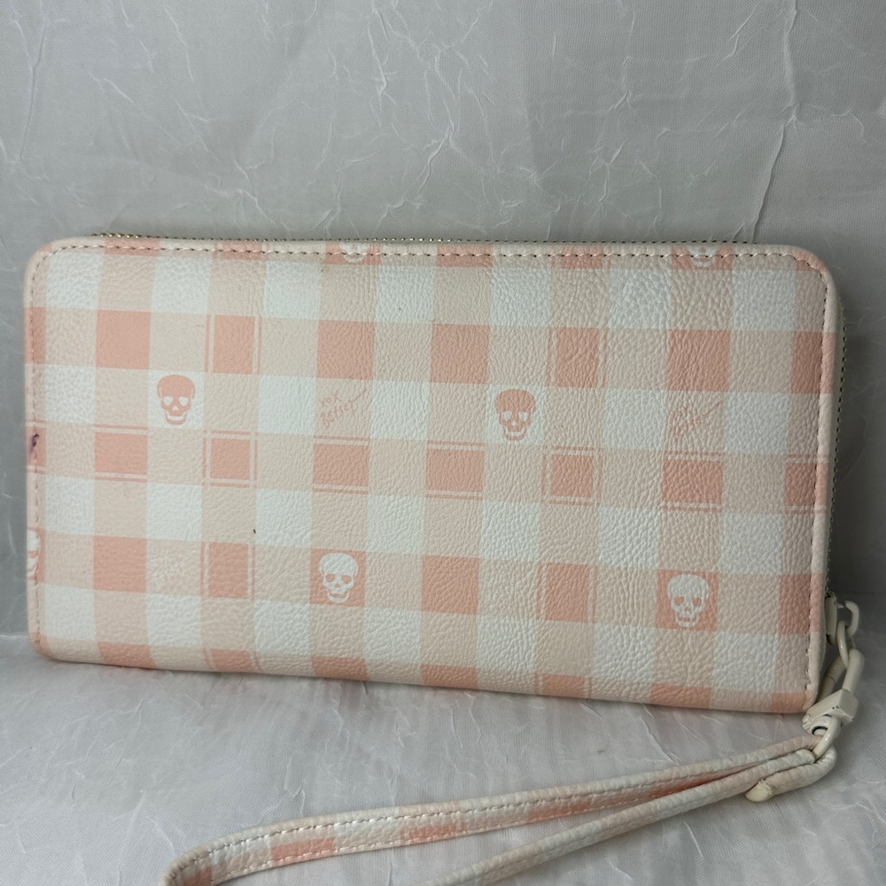 Betsey Johnson Pink and White Gingham Skull Wristlet Wallet - Picture 4 of 9